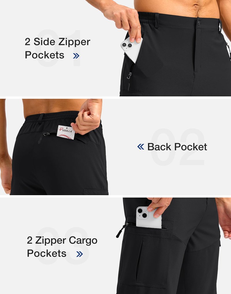 Pudolla Men's Hiking Shorts 11" Lightweight Cargo Work Shorts for Men Summer Travel Golf Casual Outdoor with 5 Pockets(Black X-Large)
