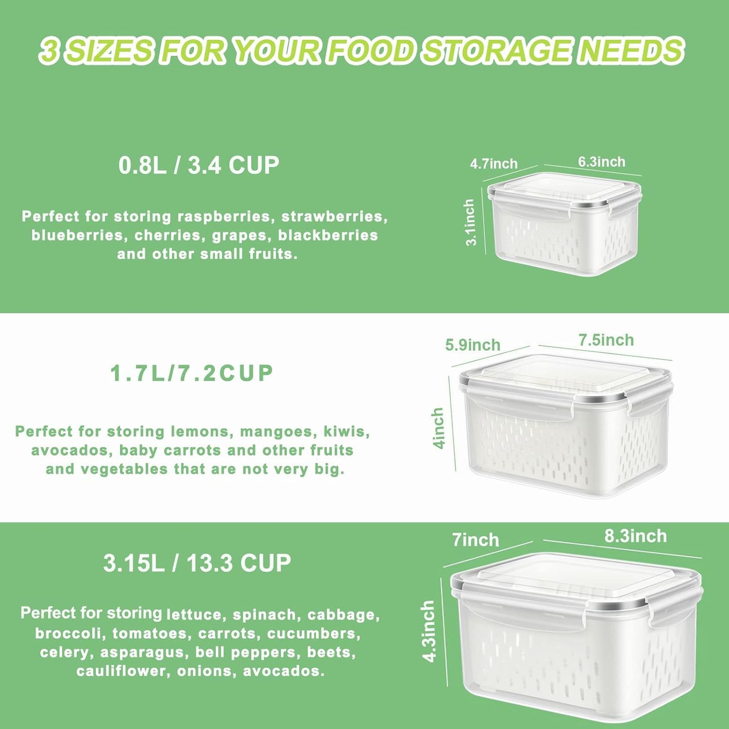 Skiennix Fruit Storage Containers - 3 Pack Produce Saver with Drain Colanders | Refrigerator Organizer for Fresh Vegetables