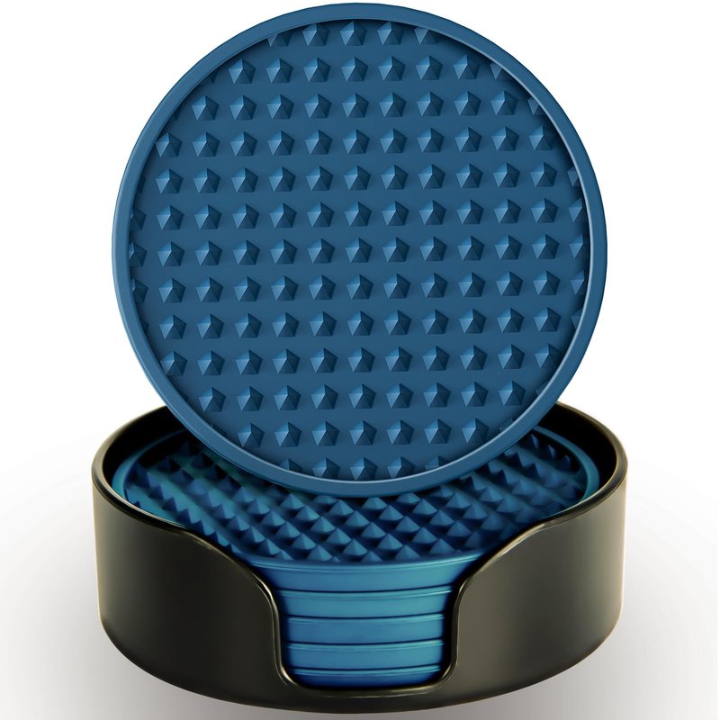 KEHOUXRE Coasters for Drinks 6 Pcs Drink Coaster with Holder,Heat Resistant Silicone Cup Mat Tabletop Protection,Non-Slip Rubber Coasters for Kinds of Cups (Blue)