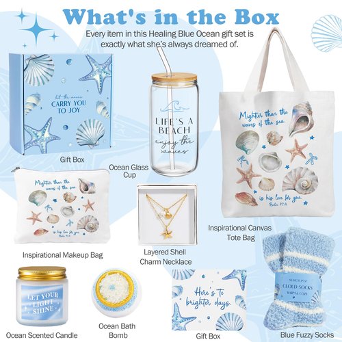 Gifts for Women, 8pcs Ocean Happy Birthday Gifts for Women, Christmas Ideas Inspirational Get Well Soon Gift Baskets Mothers Day Box w/ Seashell Tote Bag for Her Mom Sister Friend Friendship