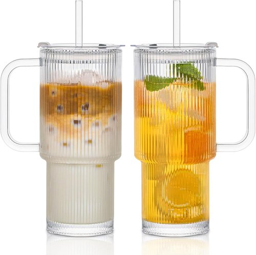 INSETLAN 24oz Ribbed Glass Tumbler Set - 2-Pack Large Iced Coffee Cups with Straws & Lids | Modern Travel Mugs for Cold & Hot Beverages
