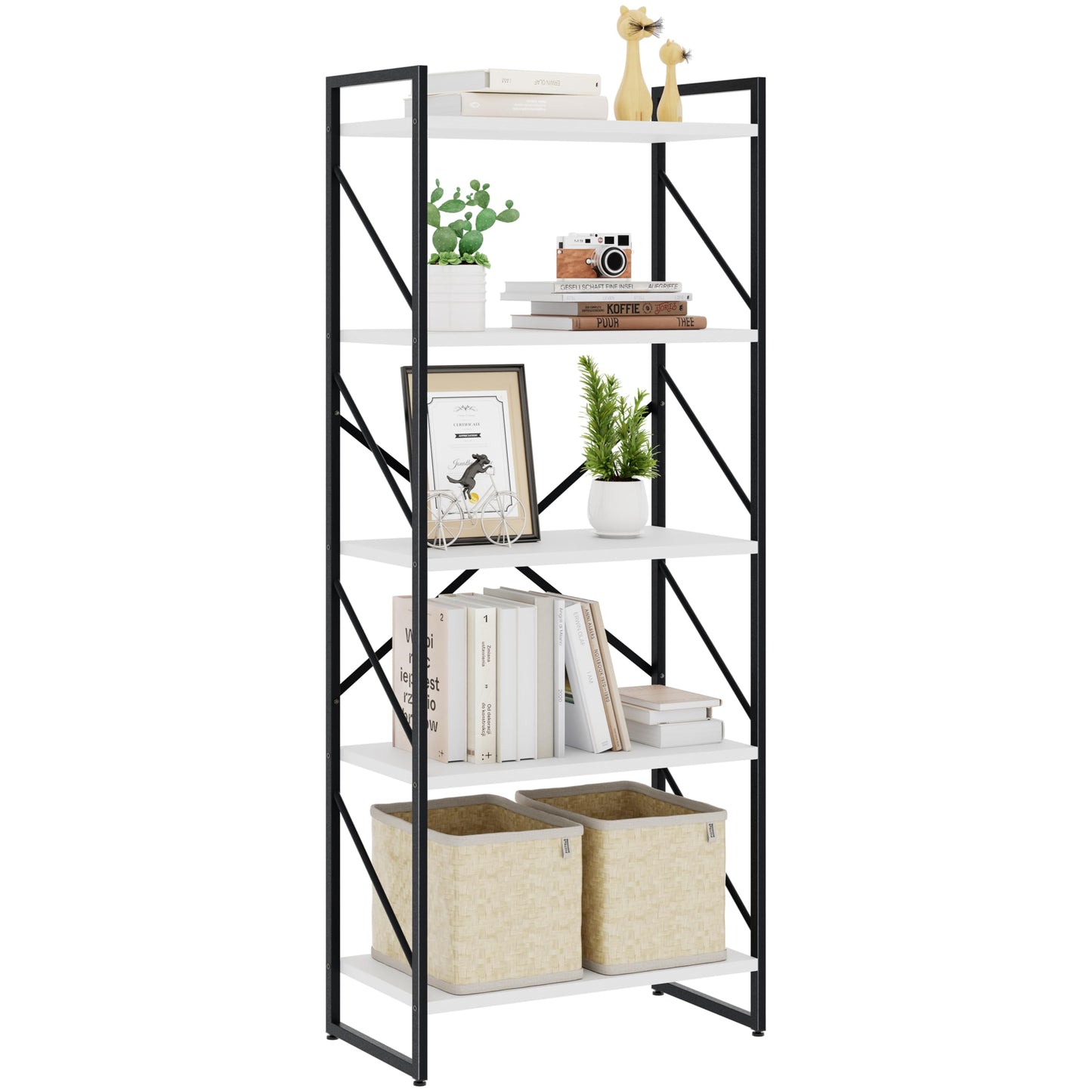 Bookshelf, 5 Tier Bookshelves, Home Office Bookcase Shelf Storage Organizer, Free Standing Storage Shelving Unit for Bedroom, Living Room and Home Office,White