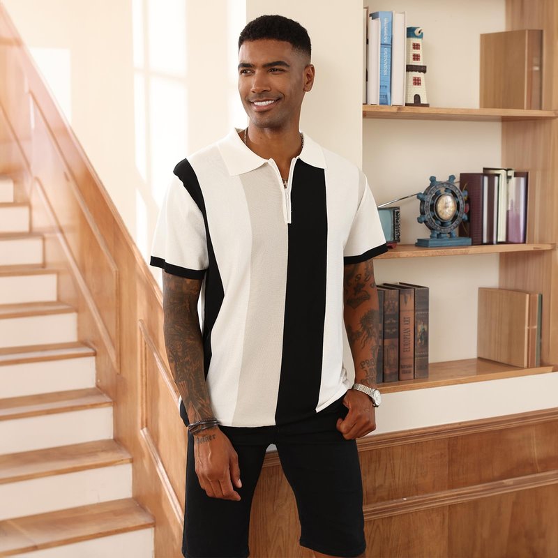 Men's Fashion Polo Shirts Vintage Striped Knitting Shirts Casual Slim Fit Golf Shirts White