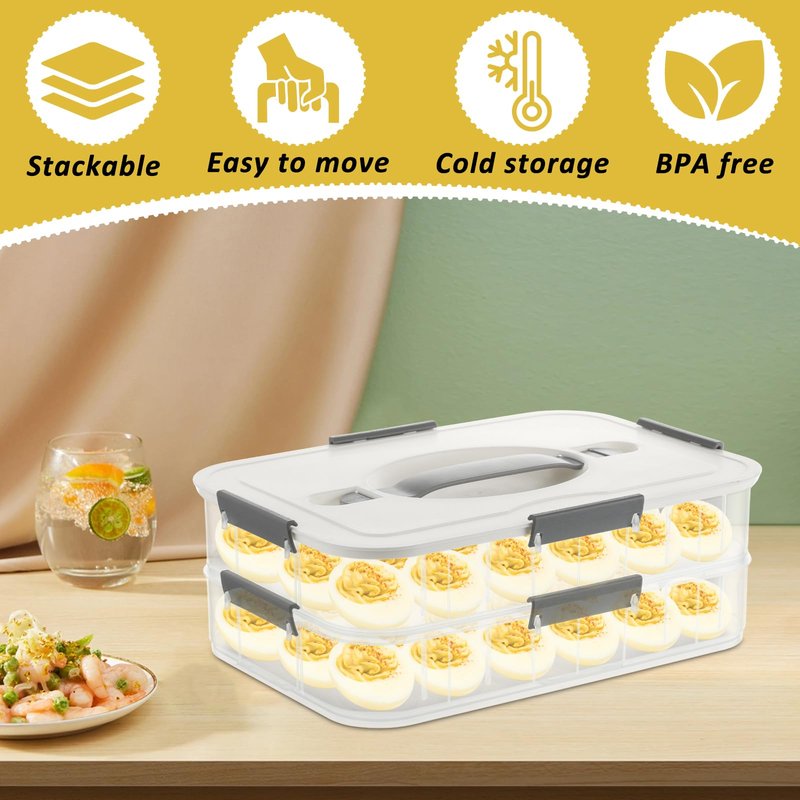 FMOACEN 2-Layer Deviled Egg Containers with Lid, 36 Slots Deviled Egg Tray Carrier with Lid Clear Eggs Storage Box Portable Egg Holder Platter with Handle for Easter Party Home Kitchen Supplies
