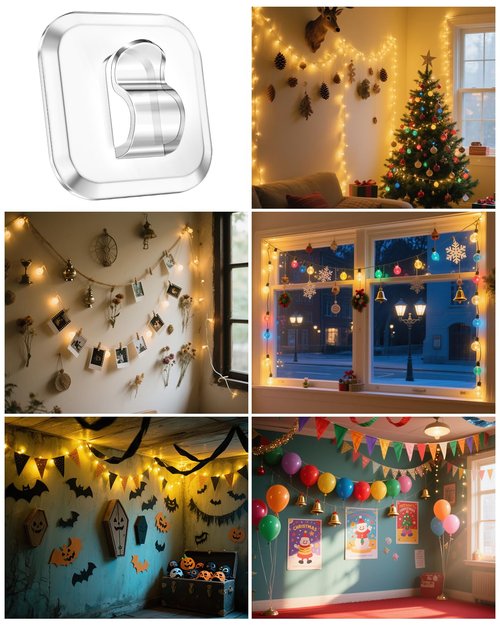ispneay 50 Mini Light Hooks with Adhesive Strips: Indoor Clear Small String Light Clips Damage Free - Plastic Wall Hook for Hanging - Fairy Tiny Christmas Light Cable Hangers Clip Decoration Decor