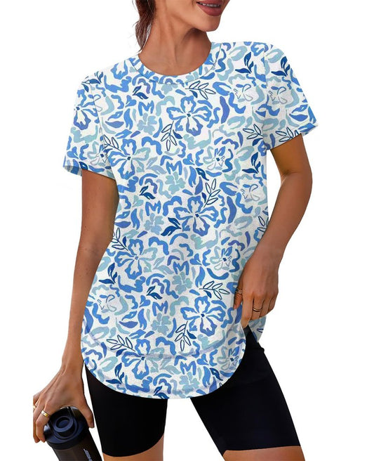 Spring Summer Tops for Women Short Sleeve Hiking Shirts Athleisure Golf Shirt Beach Fashion Curved Hem Loose Fit Blue XXL