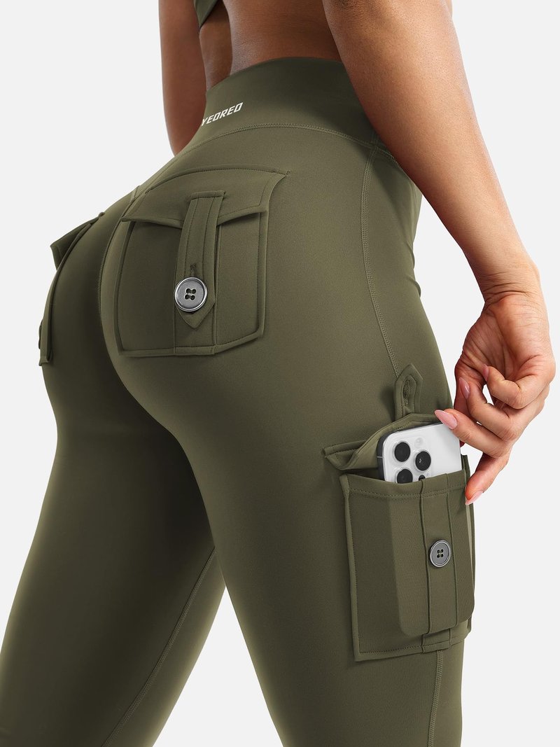 YEOREO CoreFlex Women Workout Flare Leggings with Pockets Hidden Scrunch Cargo Gym Yoga No Front Seam Leggings Army Green M