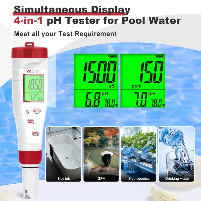 pH Tester,Digital pH Meter for Water,New Version TDS Meter for Drinking Water with Backlit Simultaneously Display 4 in 1 TDS pH EC Meter for Water Hydroponic Nutrient Solution,Pool,Home Use