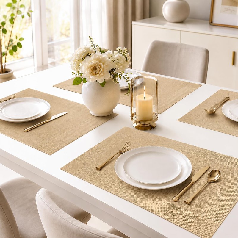 FGSAEOR Champagne Gold Table Placemats Set of 6, Woven Pattern 12 x 18 Inch, Washable Heat Resistant Dining Place Mats for Kitchen Table Decor