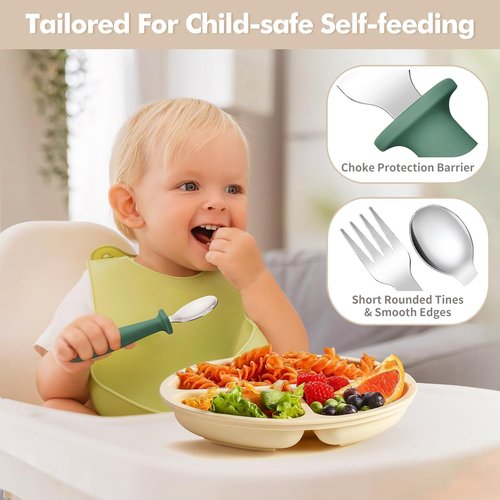 DRKIO Toddler Utensils Set - 8-Piece Kids Silverware with Silicone Handles | Safe 18/8 Stainless Steel