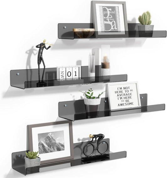 Upsimples Acrylic Wall Shelves - 15" Floating Display Shelf Set for Perfume & Books | Clear Black, 4 Pack