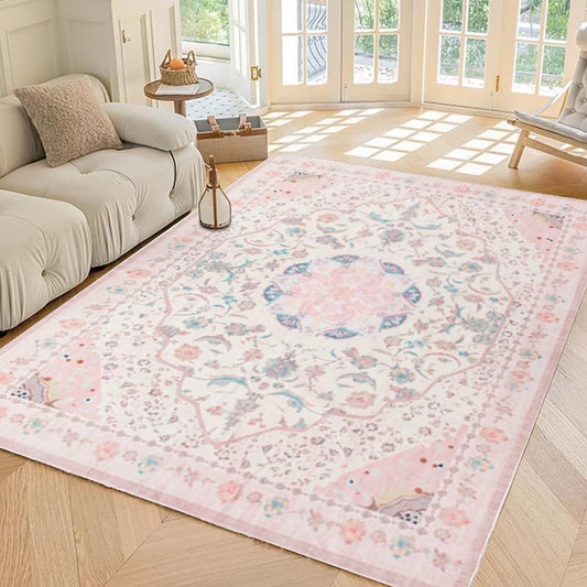 auruge Area Rug - Vintage 3x5 Non-Slip Backing Area Rugs Light Pink Soft Faux Wool Carpet Foldable & Machine Washable Rugs for Living Room Bedroom Dining Room Nursery Home Office
