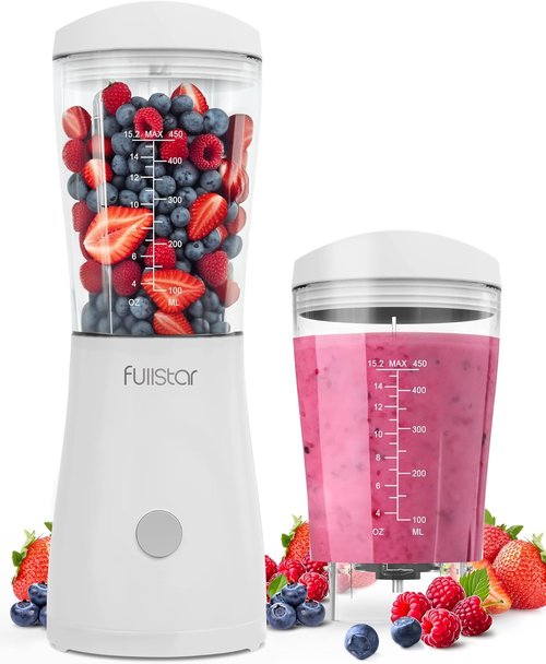 Fullstar Portable Blender - 15 oz Mini Personal Travel Blender for Smoothies & Shakes | Compact Design (White)