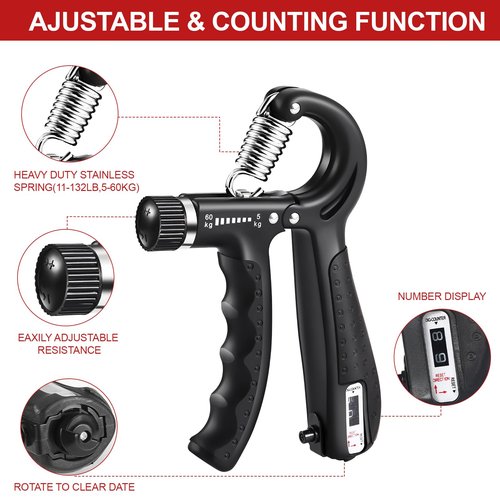 Hand Grip Strengthener Workout Kit (5 Pack) with Adjustable Tension Finger Exerciser, Adjustable Resistance Hand Gripper, Stress Relief Ball, and Forearm Workout Ring for Muscle Building and Injury Recovery