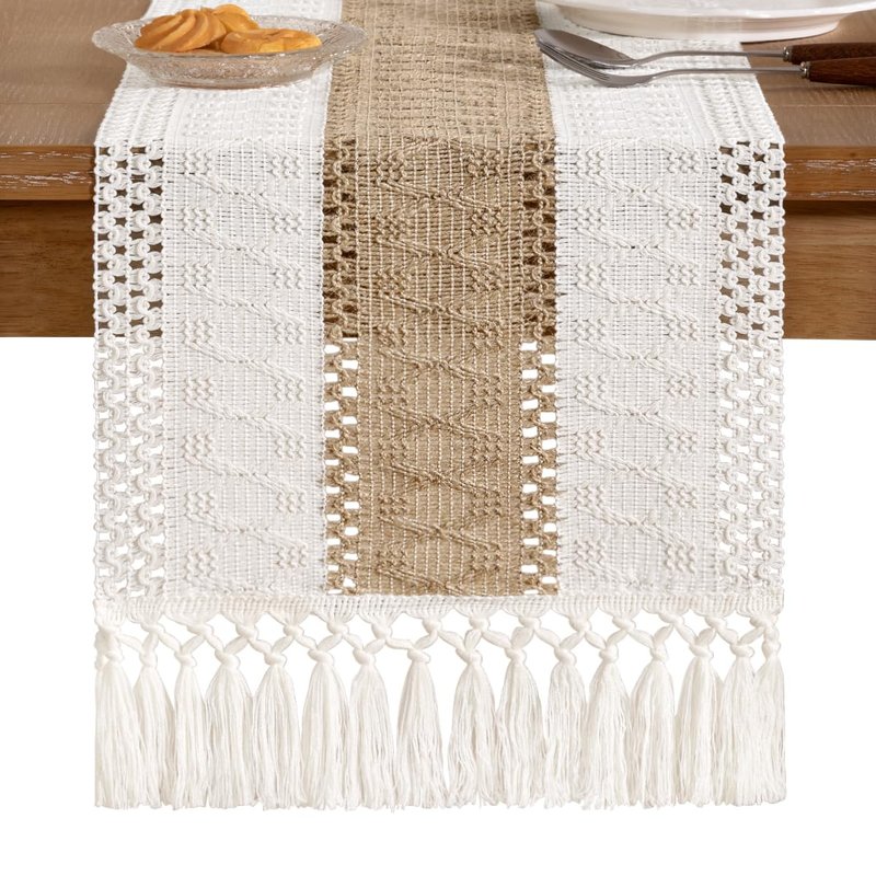 Socomi Boho Table Runner Summer Farmhouse Rustic Dining Kitchen Centerpiece Decor Small Macrame Woven Cotton Linen Coffee Table Runner for Dresser Scarf Home Decor 12x90 inch