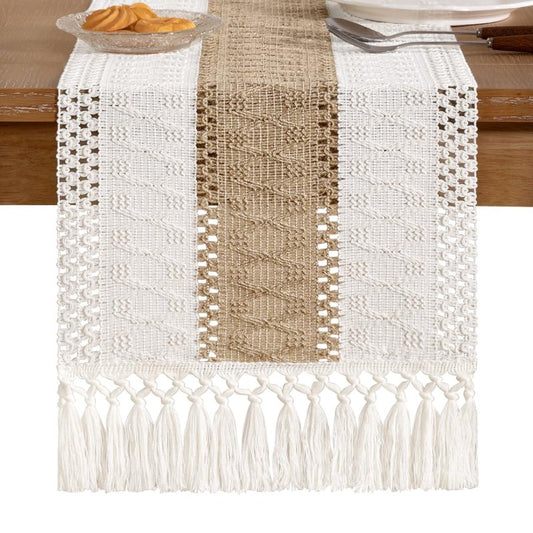 Socomi Boho Table Runner Summer Farmhouse Rustic Dining Kitchen Centerpiece Decor Small Macrame Woven Cotton Linen Coffee Table Runner for Dresser Scarf Home Decor 12x90 inch