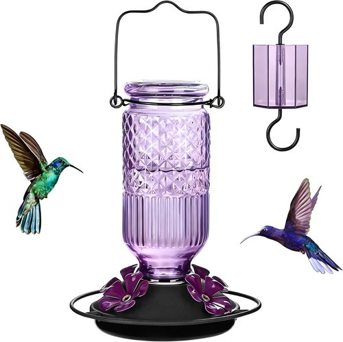 FEED GARDEN Glass Hummingbird Feeder - 16 oz Outdoor Feeder with Bee-Proof Ports & Easy Clean Design | Purple