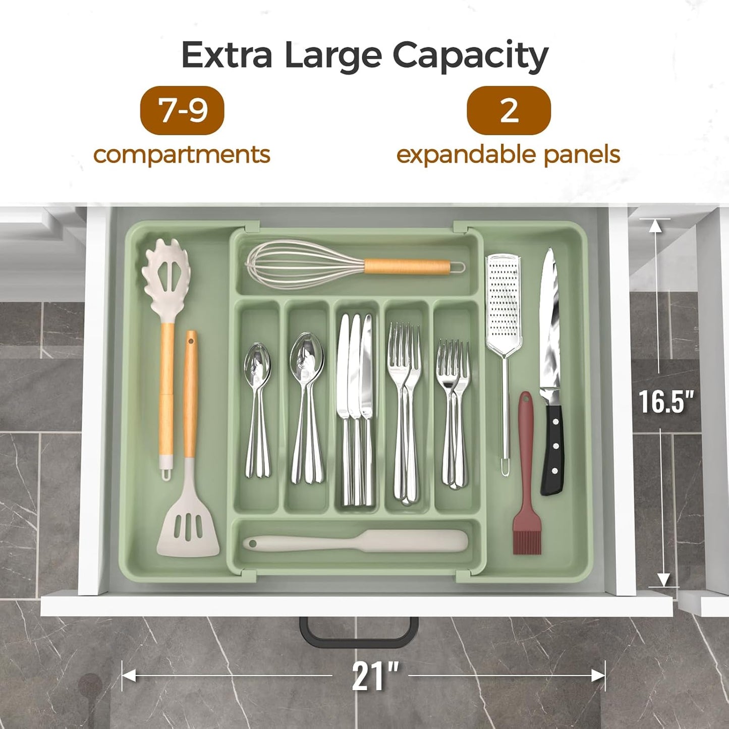 Ukeetap Extra Large Expandable Silverware Organizer - BPA-Free Cutlery Holder | Adjustable Green Design