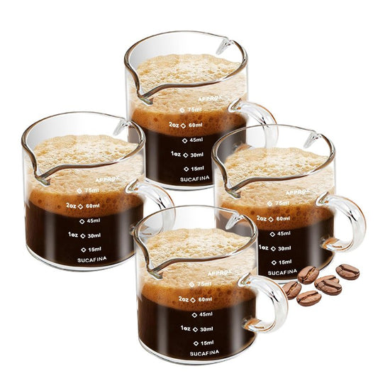 HCengTriz Espresso Cups 4-Piece set, 4 OZ Double Spout Cup with Handle, Espresso Shot Glass with V-Shaped Spout for Espresso Machine, Milk Cup (Espresso Cup Graduated)