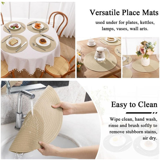 SHACOS 15 inch Round Braided Placemats Set of 4 Cotton Polyester Place Mats Washable Kitchen Dining Table Mats for Dinner Party Table Decor (Light Beige, 4)