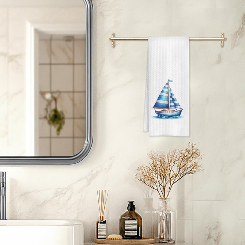 HUGANE Nautical Sailboat Kitchen Towels, Coastal Beach Hand Towels for Bathroom, Sailing Gifts for Women Men, Gifts for Boat Owners Sailors, Nautical Dish Towels, Boat Captain Gifts, 16x24 Inch