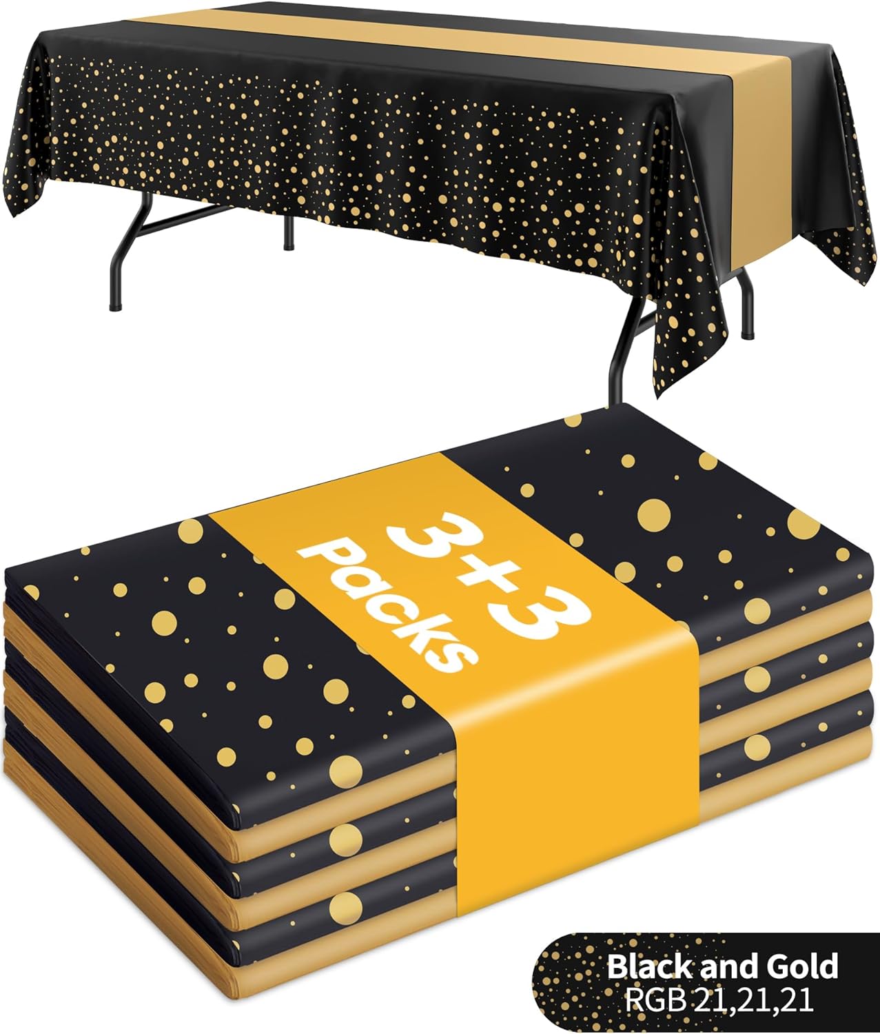 Niuara Table Cloth Set - Black & Gold Disposable Rectangle Table Cover & Runner | 3+3 Pack for Events