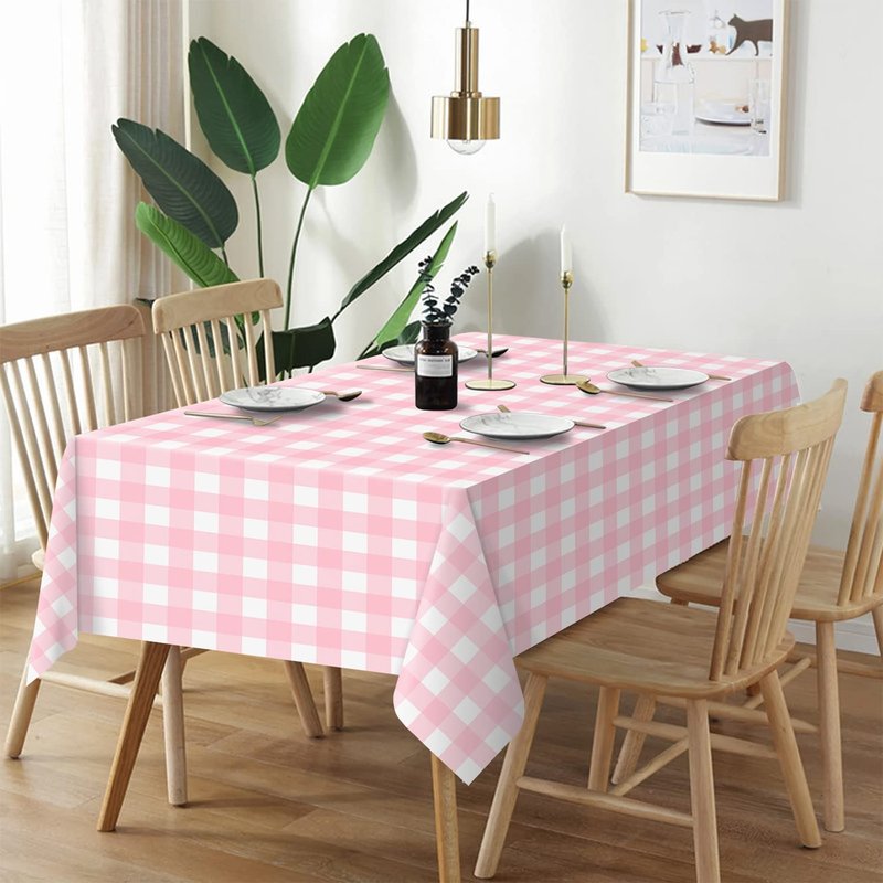 QIKSION Pink Gingham Tablecloth Disposable 2 Pack, 54 x 108 Inch Pink and White Checkered Table Cloth for Baby Shower, Easter, Mothers Day Decorations, Birthday Party, Rectangle, Plastic Table Cover