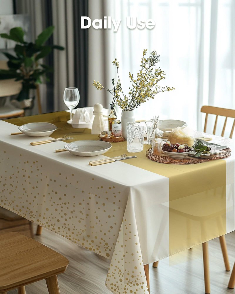 Pureegg Plastic Table Cloth Disposable 10 Pack, 54 x 108 Inch, Table Runner Style, Graduation Decorations 2026, Party Tablecloths, Rectangle, Plastic Cover, Leakproof & Sturdy, White Gold