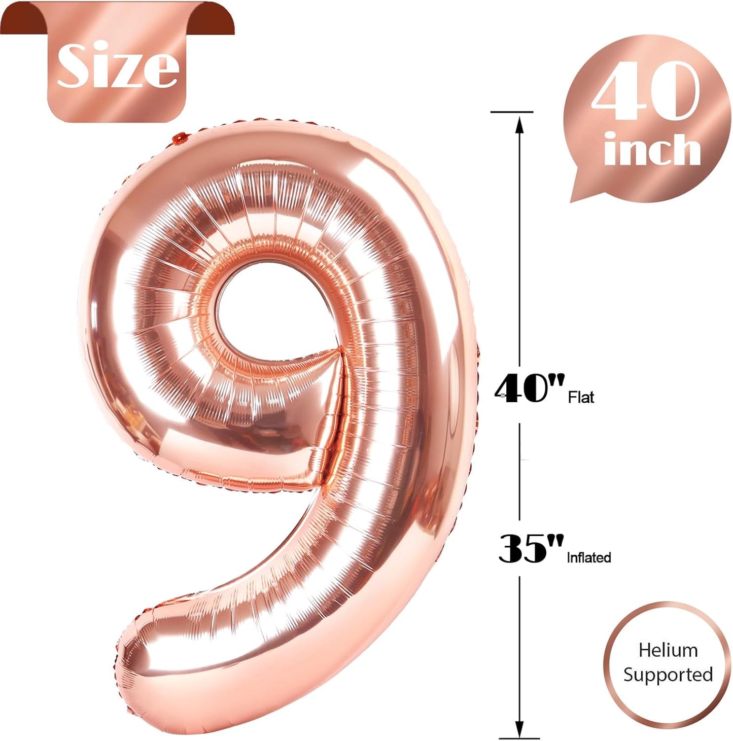 Rose Gold Number 9 Balloon - 40 Inch Giant Birthday Decoration for Boys & Girls | Perfect for 9th, 19th, 29th Parties