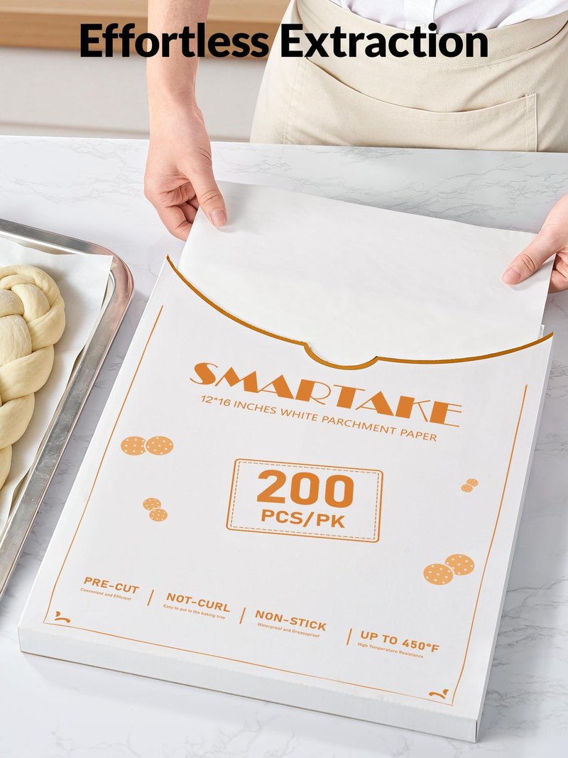 SMARTAKE 200 Pcs Parchment Paper Baking Sheets, 12x16 Inch Non-Stick Precut Baking Parchment, Suitable for Baking Grilling Air Fryer Steaming Bread Cup Cake Cookie and More (White)
