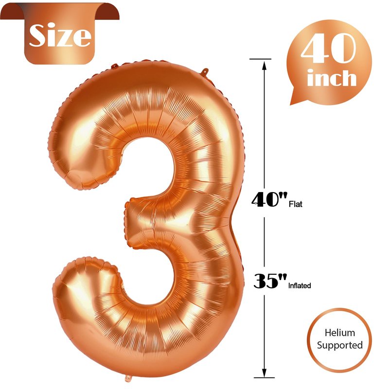 Orange 3 Balloon, Number Balloon 40 Inch, 3rd Three Year Old Birthday Deco, Orange Party Supplies for Party Decorations, Number 3 Balloon