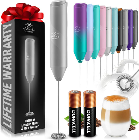 Zulay Kitchen Milk Frother - Ultra-Fast Handheld Drink Mixer with Stainless Steel Whisk | Gray, AA Batteries Included