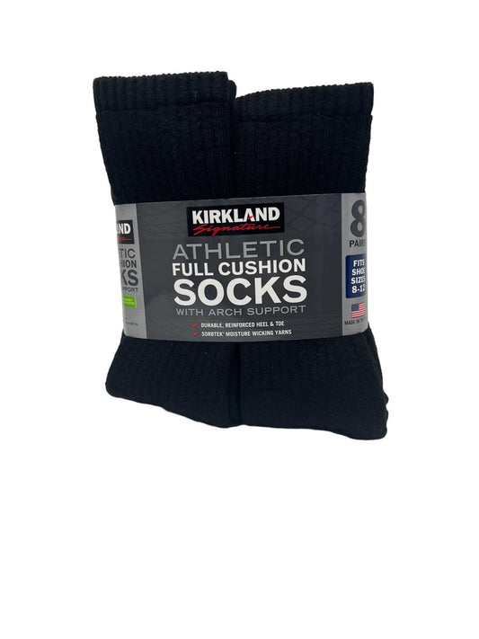 KIRKLAND Signature Men's Athletic Full Cushion Sock With Arch Support, 8 Count (US, Alpha, Large, Regular, Regular, Black)