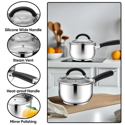 E-far 1 Quart Sauce Pan with Lid, Tri-Ply Base Stainless Steel Small Saucepan with Stay-Cool Handle, Non-toxic Kitchen Cooking Sauce Pot, Compatible with All Cooktops, Dishwasher Safe