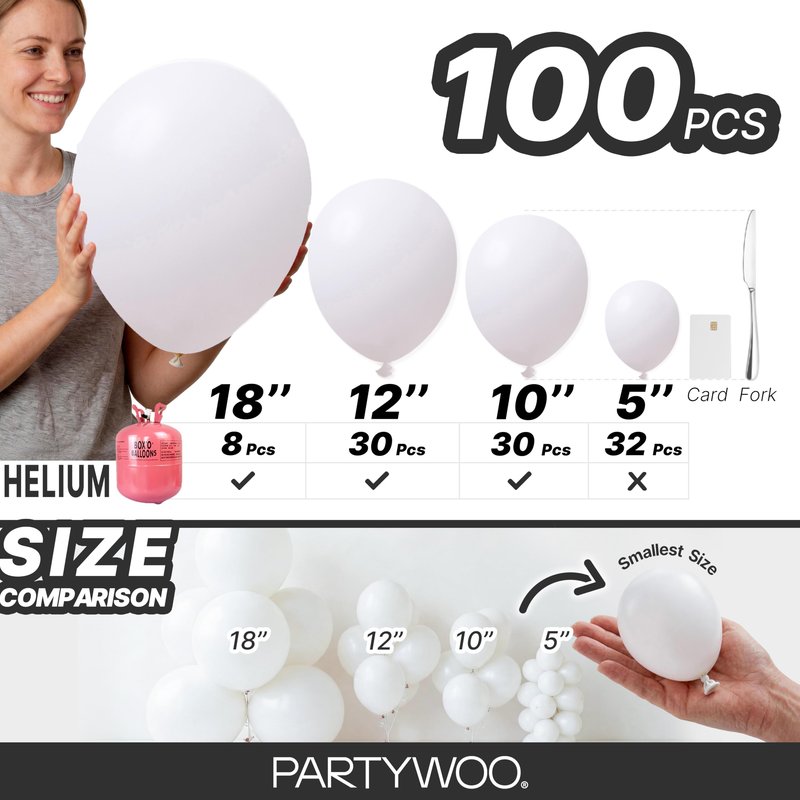 PartyWoo White Balloons 100pcs Different Sizes Pack of 18 12 10 5 Inch Matte White Latex Balloon Arch Kit Garland for Wedding Bridal Graduation Baby Shower Birthday Party Decorations White-Y13