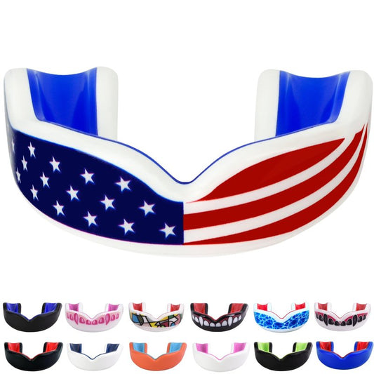 Oral Mart Youth Sports Mouth Guard for Kids (USA Flag, Fangs, 20+ Colors to Choose from) Mouthguard for Football, MMA, Karate, Boxing, Rugby, BJJ, Flag Football – /w Case (Youth, Strapless)