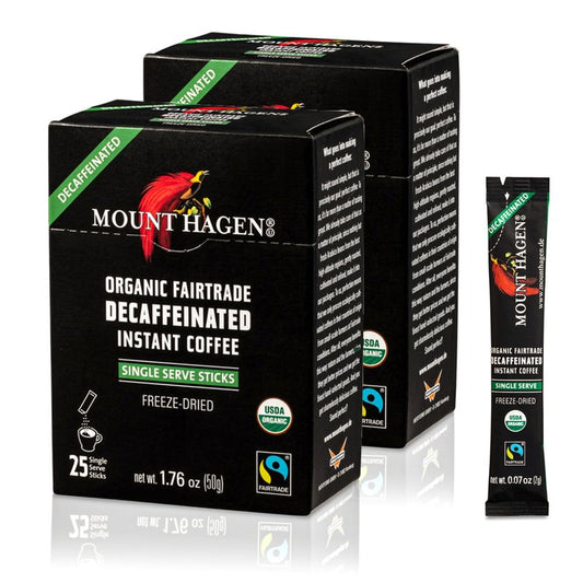 Mount Hagen 25 Count Single Serve Instant Decaf Coffee Packets - 2 pack | Decaffeinated Organic Medium Roast Arabica Beans | Eco-friendly, Fair-Trade [2 x 25 sticks/1.76oz/50g], Pack of 2