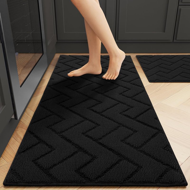 hicorfe Kitchen Runner Rugs and Mats Sets,2 Pieces Absorbent Non-Slip Kitchen Rug,Comfort Kitchen Mat for Floor,Washable for Kitchen,Hallway,Office,Sink,Laundry(20"x48"+20"x32",Black)
