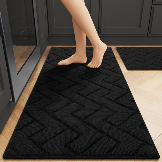 hicorfe Kitchen Runner Rugs and Mats Sets,2 Pieces Absorbent Non-Slip Kitchen Rug,Comfort Kitchen Mat for Floor,Washable for Kitchen,Hallway,Office,Sink,Laundry(20"x48"+20"x32",Black)
