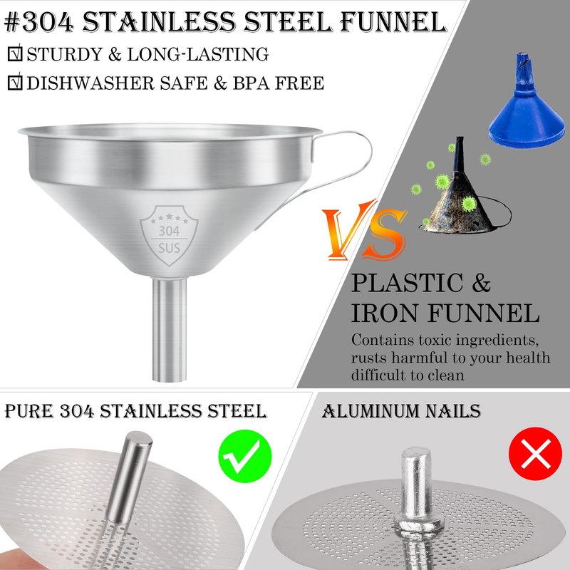 WMKGG 304 Stainless Steel Funnel, 5 Inch Funnels for Kitchen Use Filling Bottles, with 200 Mesh and 100 Mesh Fine Mesh Strainer, for Oils, Juice, Wine, Coffee, Milk, Tea, Powder