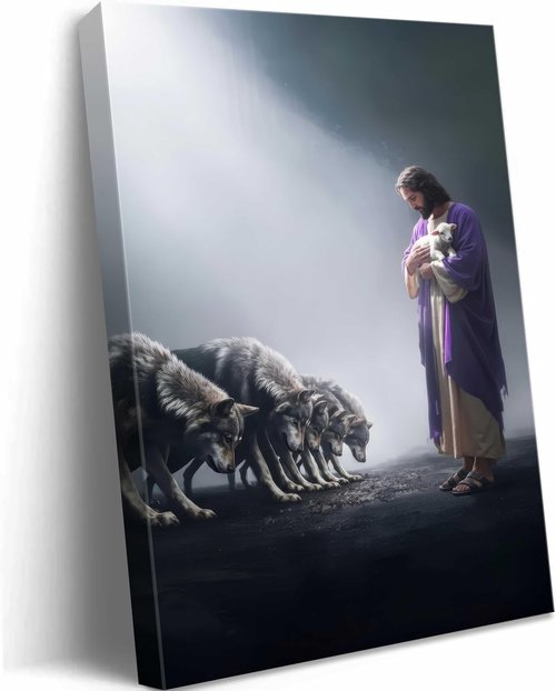 Jesus and Lamb Canvas Wall Art - Christian Shepherd Protects Lamb | Inspirational Home Decor