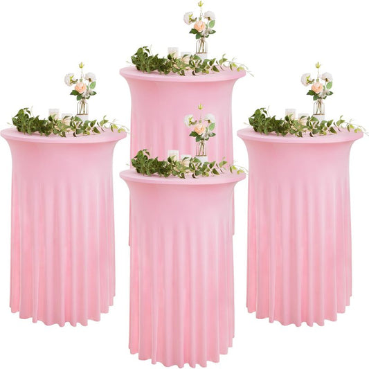 4 pk Pink Round High Top Cocktail Table Cloths 32inch×43inch, Wrinkle Free Stretchy Fitted Highboy Spandex Cocktail Tablecloth Table Covers with Pleats Skirts for Party Wedding Banquet Bar