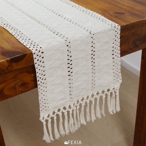 Fexia Table Runner with Tassels Boho Macrame 72 Inches Long Cream Rustic Table Runner for Home Farmhouse Bohemian Dining Bedroom Decor Baby Bridal Shower(12x72 Inches)