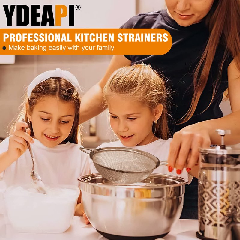 Ydeapi Fine Mesh Strainer, Stainless Steel Kitchen Strainers with Sturdy Handle, Set of 4 Metal Sieve for Food, Rice, Quinoa, Tea - 8.6", 6.3", 4.6", 2.7"