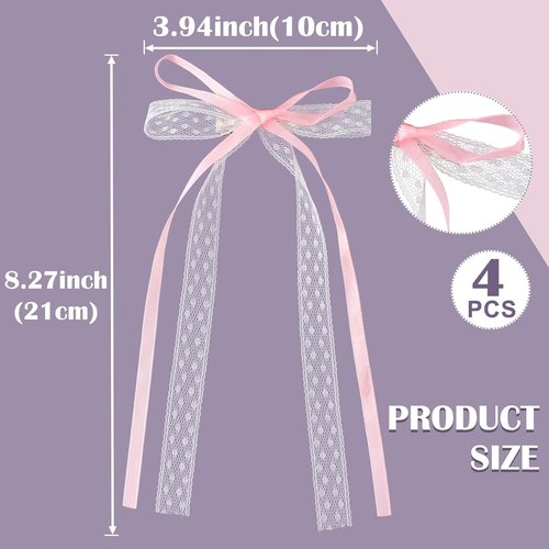 HINZIC Hair Clips - 4pcs Coquette Lace Bows in Pink & White | Cute Bowknot Ribbon Barrettes for Women & Teens