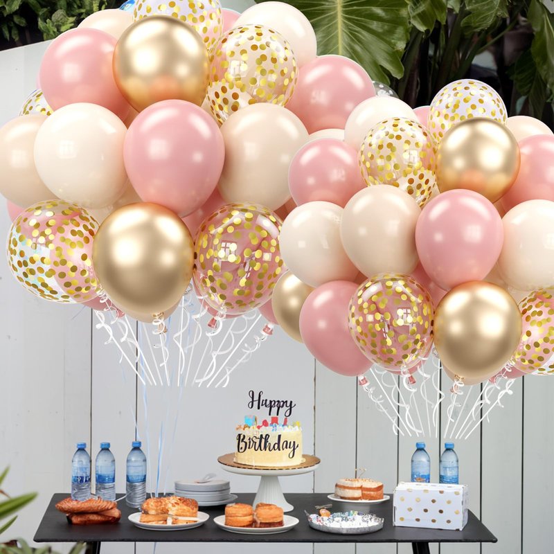 Blush Pink and Gold Balloons Set, 12 Inch Retro Pink and Champagne Gold Balloons Pastel Pink Metallic Gold Confetti Balloons for Birthday Bridal Shower Bachelorette Boho Party Supplies
