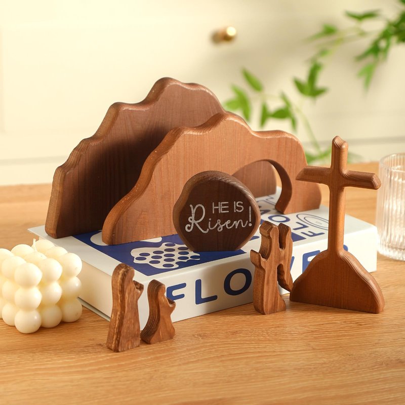 zonhajia The Empty Tomb Easter Scene, Christian Cross Decorations, Wooden Nativity Set, Decorations Religious Jesus Tomb Easter Kit Display for Home, Tabletop, Office, Gift