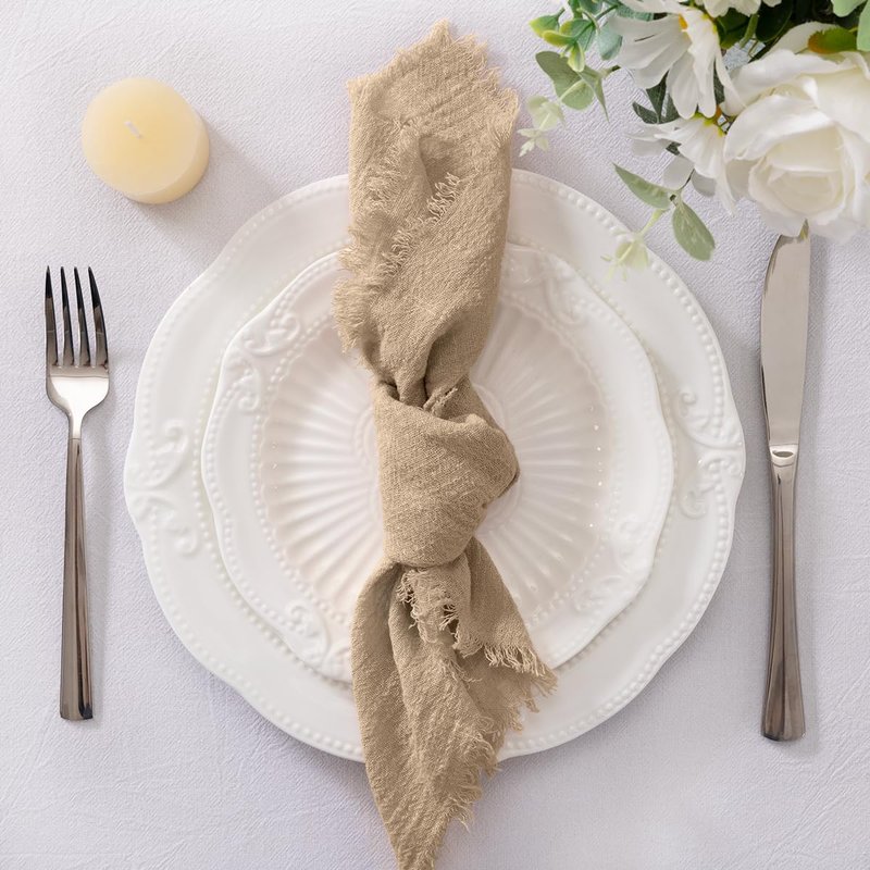 Socomi Set of 6 Linen Napkins Caramel Easter Spring Cloth Napkins Washable Cotton Dinner Napkins Fringe 17"x17" for Wedding Party Bridal Baby Shower Birthday Table Decorations