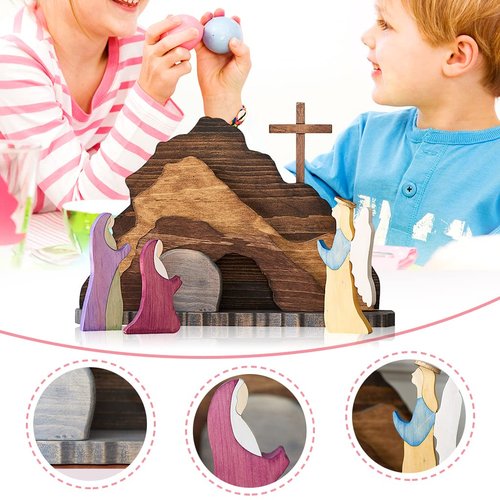 IoF Easter Resurrection Scene Ornament, Wooden Religious He is Risen Easter Decorations, Wood Christian Empty Tomb Figurines, Jesus Nativity Home Decor Set Gifts for Kids for Easter, Christmas, Office