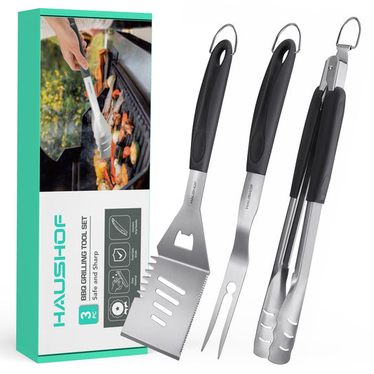 HAUSHOF Large Grill Accessories Heavy Duty BBQ Set Gifts for Men/Women - Premium Stainless Steel Spatula, Fork & Tongs, Barbecue Utensils Tool Kit Gift for Grilling Lover Outdoor (Color Box)